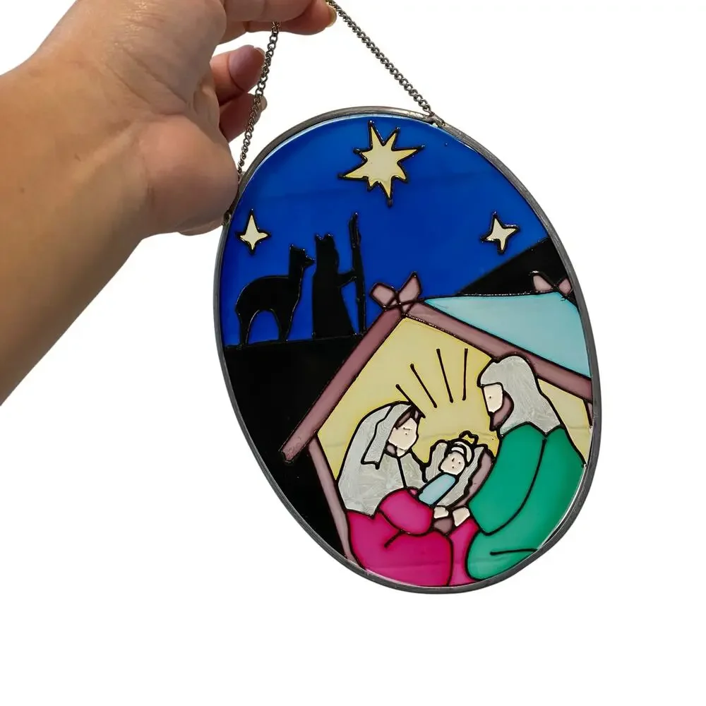 Stained Glass Nativity Set Wall Decor Baby Jesus in Manger Joseph Mary Holy